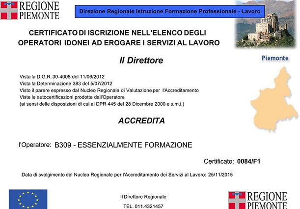 Lavoro: la Regione ha iscritto Essenzialmente Formazione nell’elenco degli operatori idonei