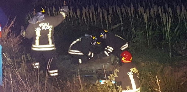 Busano: Porsche Cabrio finisce fuori strada e si ribalta in un canale. Salvi conducente e passeggero