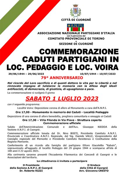 La città di Cuorgnè e l’Anpi commemorano i partigiani caduti nelle località Voira e Pedaggio