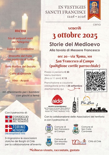 “Alla tavola di Messer Francesco”: a San Francesco al Campo una serata tra storia, cultura e sapori medievali