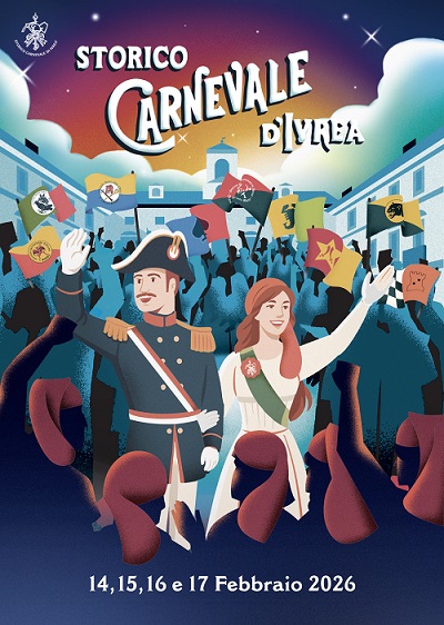 Ivrea, svelato il manifesto 2026 dello Storico Carnevale: la Mugnaia e il Generale nell’abbraccio al popolo