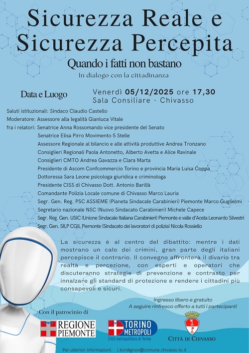Un confronto aperto sul tema della sicurezza: venerdì 5 dicembre incontro pubblico in Sala Consiliare a Chivasso