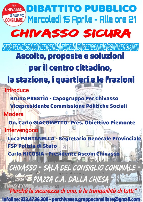 Il gruppo consigliare “Per Chivasso” promuove il dibattito pubblico sulla sicurezza cittadina