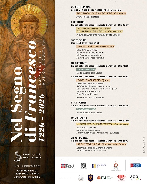 RIVAROLO CANAVESE – “Nel segno di Francesco”, un mese di musica e cultura per gli 800 anni dalla morte del Santo