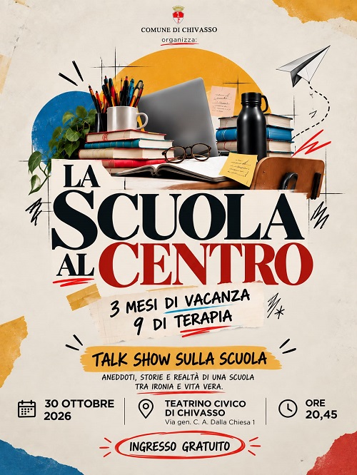 Chivasso, «La scuola al centro»: venerdì 30 ottobre al Teatrino Civico un talk show tra ironia e vita vera
