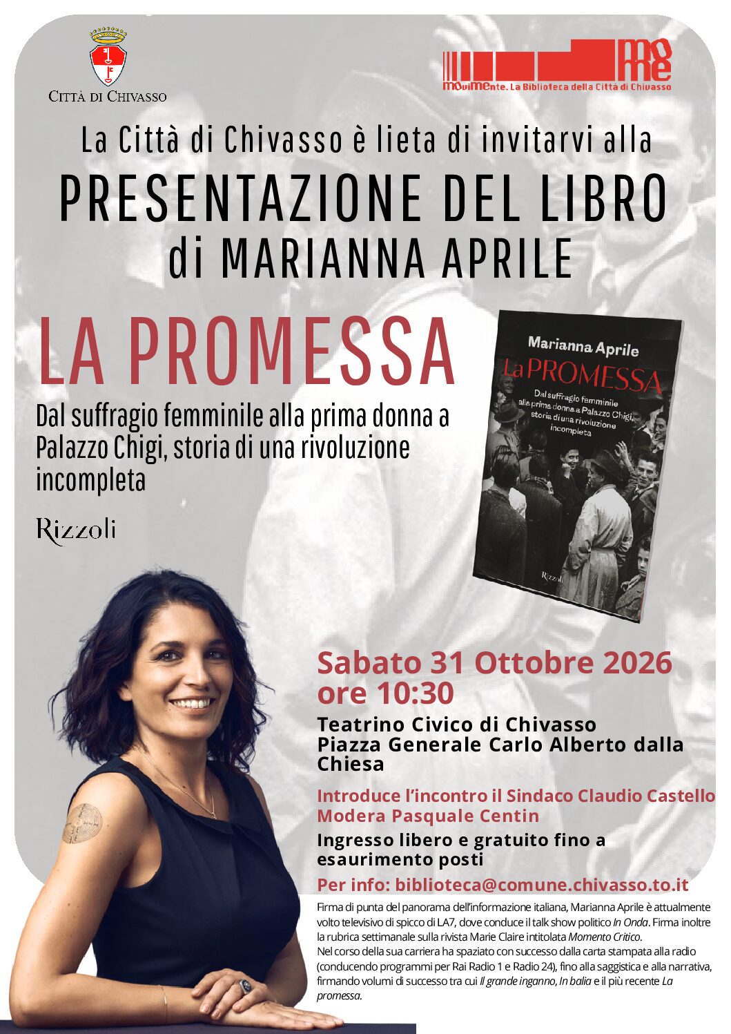 Chivasso, ottant’anni di conquiste e diritti ancora incompiuti: la giornalista Marianna Aprile presenta «La promessa»